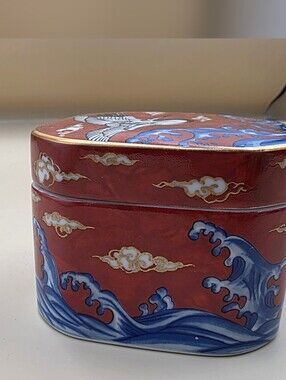Vintage TAKAHASHI TRINKET Jewelry Jar BOX CRANE OVER OCEAN WAVES Porcelain Japan